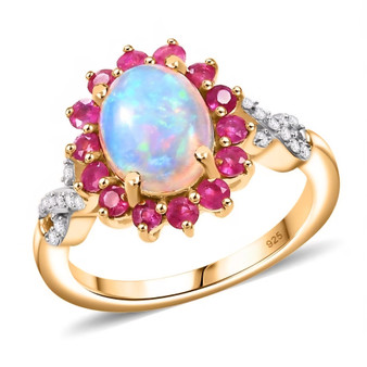 ethiopian opal pink sapphire and moissanite oval halo infinity shank ring in 18k yellow gold over sterling silver