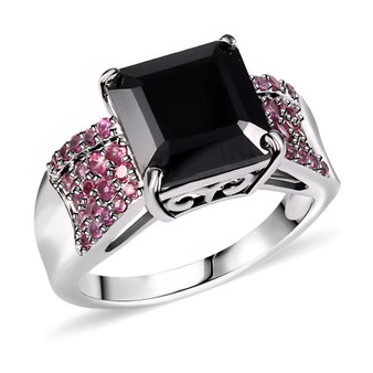 black spinel and rhodolite garnet ring in rhodium over sterling silver
