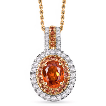 front view of spessartine garnet padparadscha sapphire and diamond halo pendant necklace in 10k yellow gold 2 45tw
