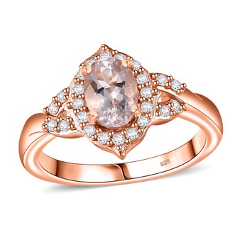 morganite and white zircon halo ring in 18k rose gold over sterling silver