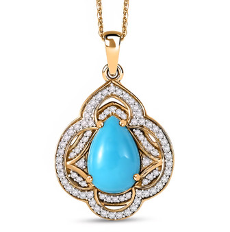 sleeping beauty turquoise and moissanite pendant necklace in 18k yellow gold over sterling silver