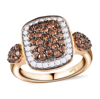 andalusite and white zircon cushion halo cluster ring in 18k yellow gold over sterling silver