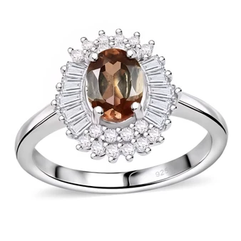 andalusite and moissanite halo ring in rhodium over sterling silver