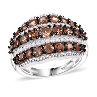 andalusite and white zircon multi row cluster ring in rhodium over sterling silver