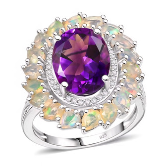 amethyst ethiopian welo opal and white zircon rhodium over sterling silver halo ring front