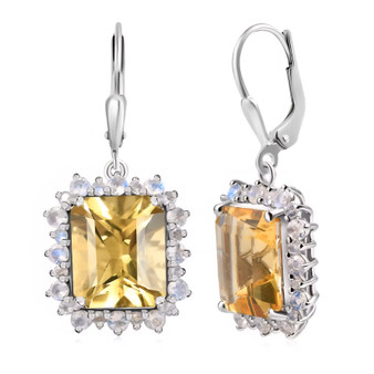 yellow labradorite rainbow moonstone halo earrings in rhodium over sterling silver