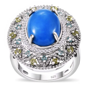 ceruleite and multi gemstone halo cocktail ring in rhodium over sterling silver