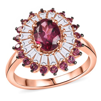 rhodolite garnet and white zircon halo ring in 18k rose gold over sterling silver
