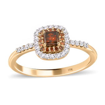 orange and white diamond cushion double halo ring in 10k yellow gold