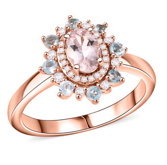 morganite blue apatite and zircon halo ring in 18k rose gold over sterling silver