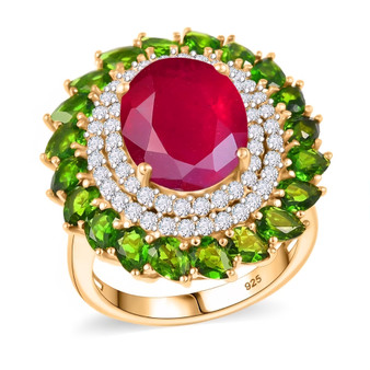 ruby (ff) chrome diopside and white zircon cocktail halo ring in 18k yellow gold over sterling silver