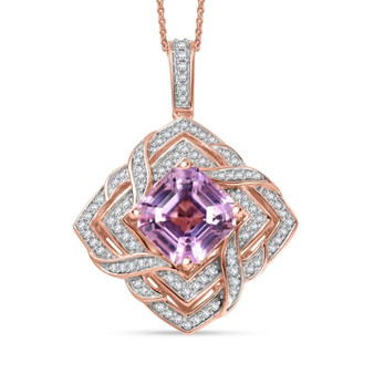 asscher cut kunzite and moissanite double halo pendant necklace in 18k rose gold over sterling silver