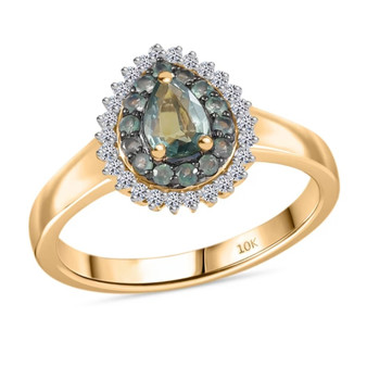 alexandrite and lab diamond pear halo ring in 10k yellow gold
