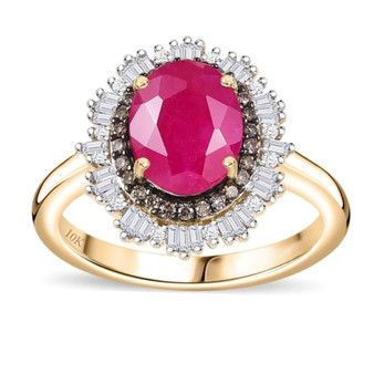 ruby champagne and white diamond oval double halo ring in 10k yellow gold
