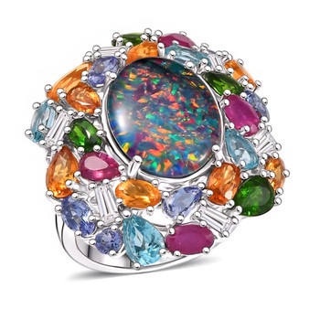 australian boulder opal triplet and multi gemstone colorful cocktail ring in rhodium over sterling silver