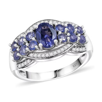 iolite and white zircon cluster band ring in rhodium over sterling silver