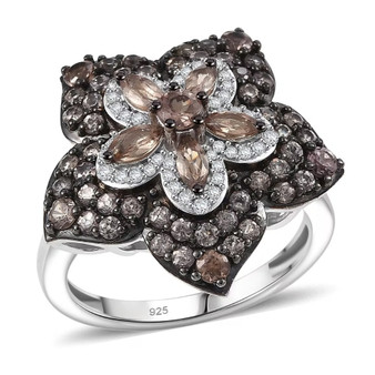 color change garnet and white zircon flower cluster ring in rhodium over sterling silver