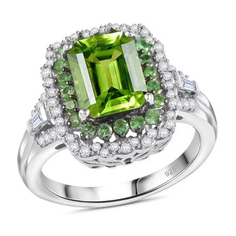 peridot tsavorite garnet and white zircon emerald cut double halo ring in rhodium over sterling silver