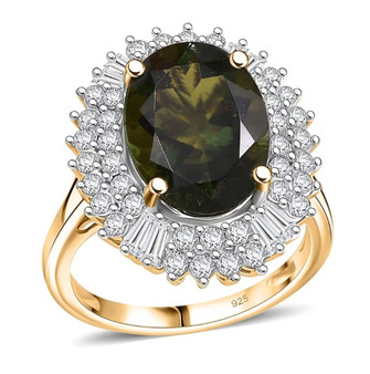 moldavite and moissanite oval double halo ring in 18k yellow gold over sterling silver