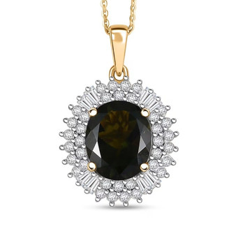 moldavite and moissanite oval double halo pendant necklace in 18k yellow gold over sterling silver