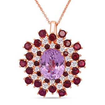 kunzite rhodolite garnet and moissanite pendant necklace in 18k rose gold over sterling silver