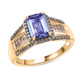 front view of tanzanite and champagne diamond halo bridge ring in 10k yellow gold