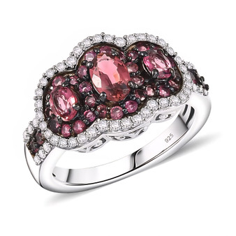 rubellite tourmaline and zircon trilogy double halo ring in rhodium over sterling silver