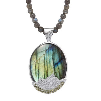 labradorite peridot and white zircon beaded pendant necklace in rhodium over sterling silver