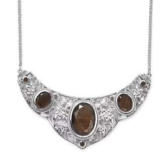 chocolate sapphire and smoky quartz bib necklace in rhodium over sterling silver