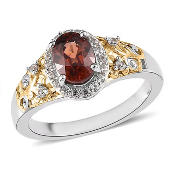 red and white zircon oval halo ring in two-tone 18k yellow gold and rhodium over sterling silver