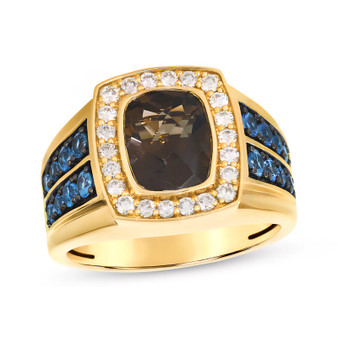 smoky quartz sapphire and diamond mens ring in 14k yellow gold front