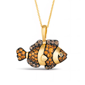 front view of spessartite garnet and champagne diamond clownfish pendant necklace 14k yellow gold