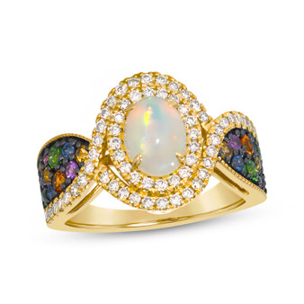 front view of opal sapphire and garnet multi-gem halo cluster ring in 14k yellow gold