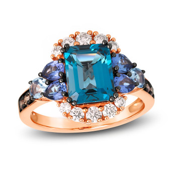 front view of london blue topaz tanzanite and aquamarine ring with white and brown diamonds in 14k rose gold