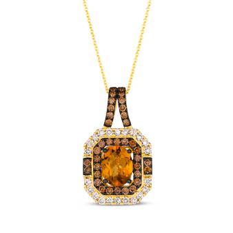 front view of citrine brown diamond and white diamond pendant necklace in 14k yellow gold