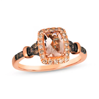 morganite champagne and brown diamond cushion halo ring in 14k rose gold