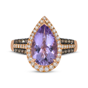 front view of amethyst and white diamond brown diamond pear halo ring in 14k rose gold with black rhodium
