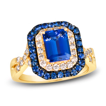 tanzanite blue sapphire and diamond double halo ring in 14k yellow gold