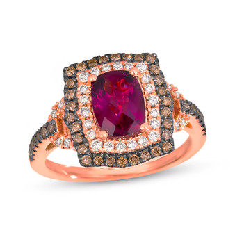 front view of rhodolite garnet brown and champagne diamond cushion halo ring in 14k rose gold