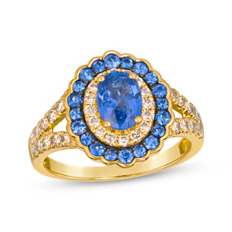blue sapphire and champagne diamond oval halo ring in 14k yellow gold