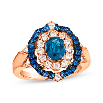 front view of london blue topaz blue sapphire and diamond double halo ring in 14k rose gold