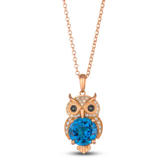 front view of london blue topaz champagne and black diamond owl pendant necklace in 14k rose gold