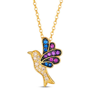 blue sapphire amethyst and rhodolite garnet champagne diamond hummingbird pendant necklace in 14k yellow gold