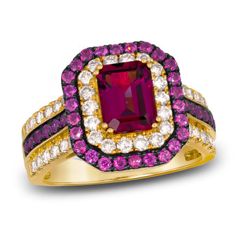 rhodolite garnet diamond double halo ring in 14k yellow gold front