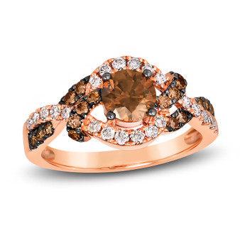 brown diamond and white diamond split shank ring in 14k rose gold with black rhodium