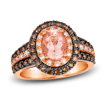 morganite oval double halo ring with brown and white diamonds in 14k rose gold