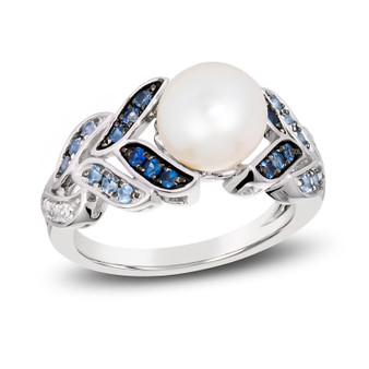 freshwater cultured pearl and shades of sapphire ring in 14k white gold