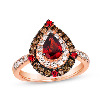 garnet white and brown diamond double halo ring in 14k rose gold