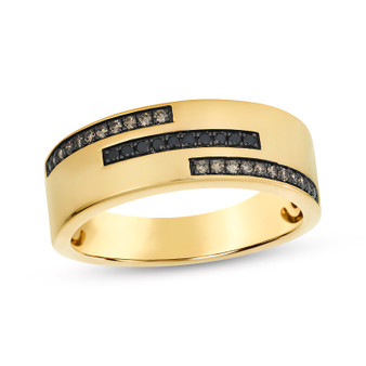 brown and black diamond band ring in 14k yellow gold with black rhodium