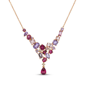 pink tourmaline amethyst morganite and diamond statement necklace in 14k rose gold